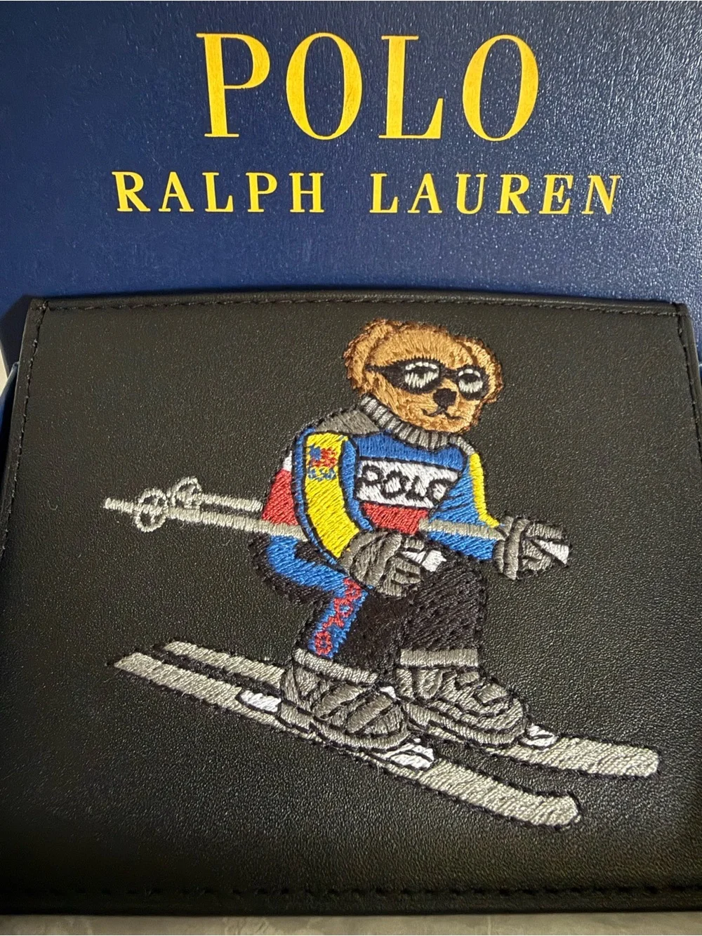 Polo Ralph Lauren Ski Bear Embroidered Leather Card Holder Black NWT Gift Box